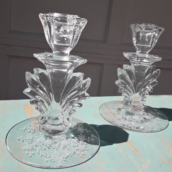Accents Mcm Vintage Etched Glass Candle Holders Cambridge Clear Glass